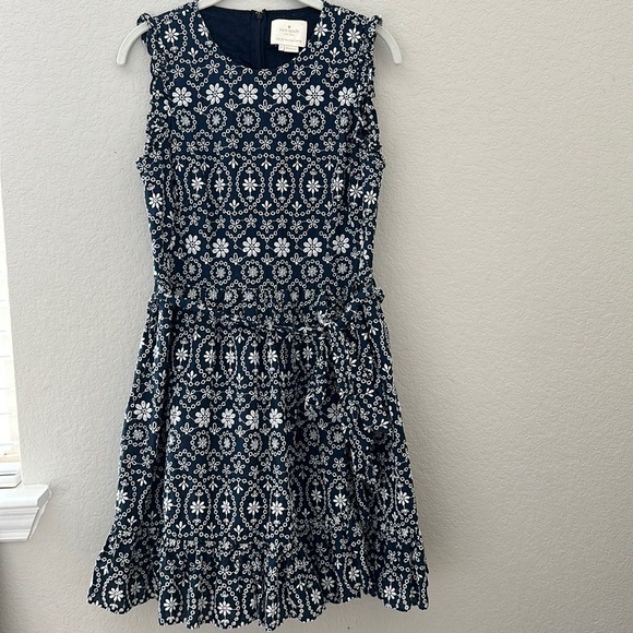 Kate Spade Navy Blue Embroidered Dress Tie Waist - Picture 1 of 7
